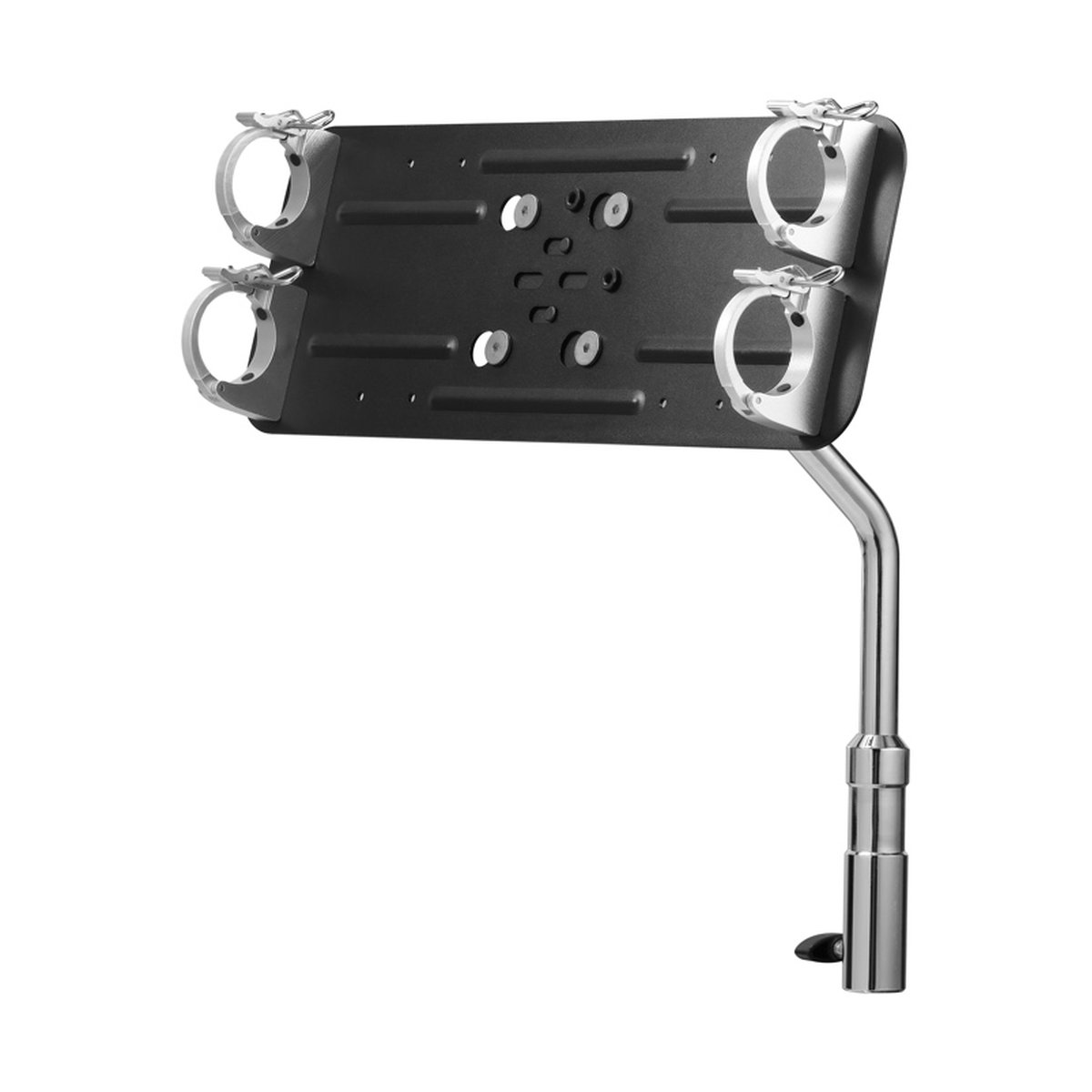 Godox TP-B2 Two-light Bracket for TP Tube Light - Seitenansicht: Schwarze Montageplatte mit vier silbernen Halteklemmen und geschwungenem Befestigungsarm.