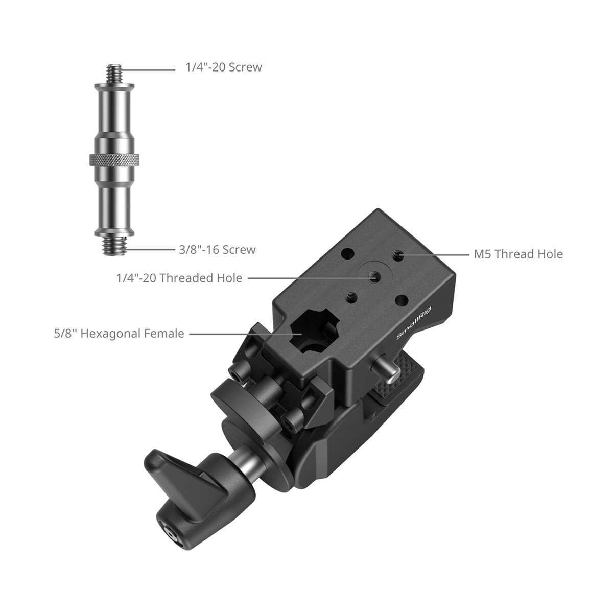 SmallRig 4861 Super Clamp Support Kit Unterstützungskit - Technische Ansicht Klemmarm und Spigot mit allen Gewinde- und Anschlussdetails SmallRig 4861 Super Clamp Support Kit Unterstützungskit - Technische Ansicht Klemmarm und Spigot mit allen Gewinde- und Anschlussdetails