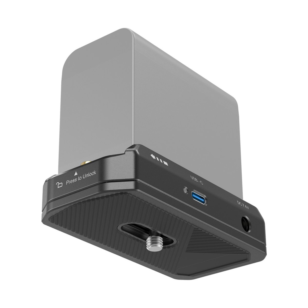 SmallRig 4341 NP-F Batterie-Adapter-Montageplattenkit+NP-FZ100 Dummy+Kabel - Detailansicht der Unterseite eines Geräts mit Stativgewinde, USB-C und DC-Anschlüssen sowie Entriegelungstaste