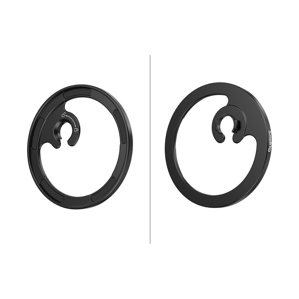 SmallRig 3840C Magnetic Filter Adapter Ring (M Mount) - Zwei Detailansichten der schwarzen C-förmigen Halterung: mit Verriegelungssymbol und SmallRig-Logo.