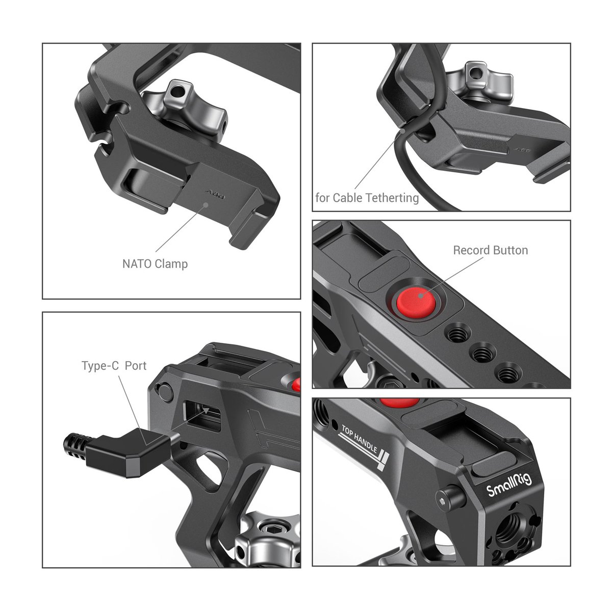 SmallRig 3322 Nato Top Handle with Record Start/Stop Remote Trigger - Detailansichten des SmallRig Top-Handles: NATO-Klemme, Kabelbefestigung, Aufnahme-Taste, Type-C-Anschluss.