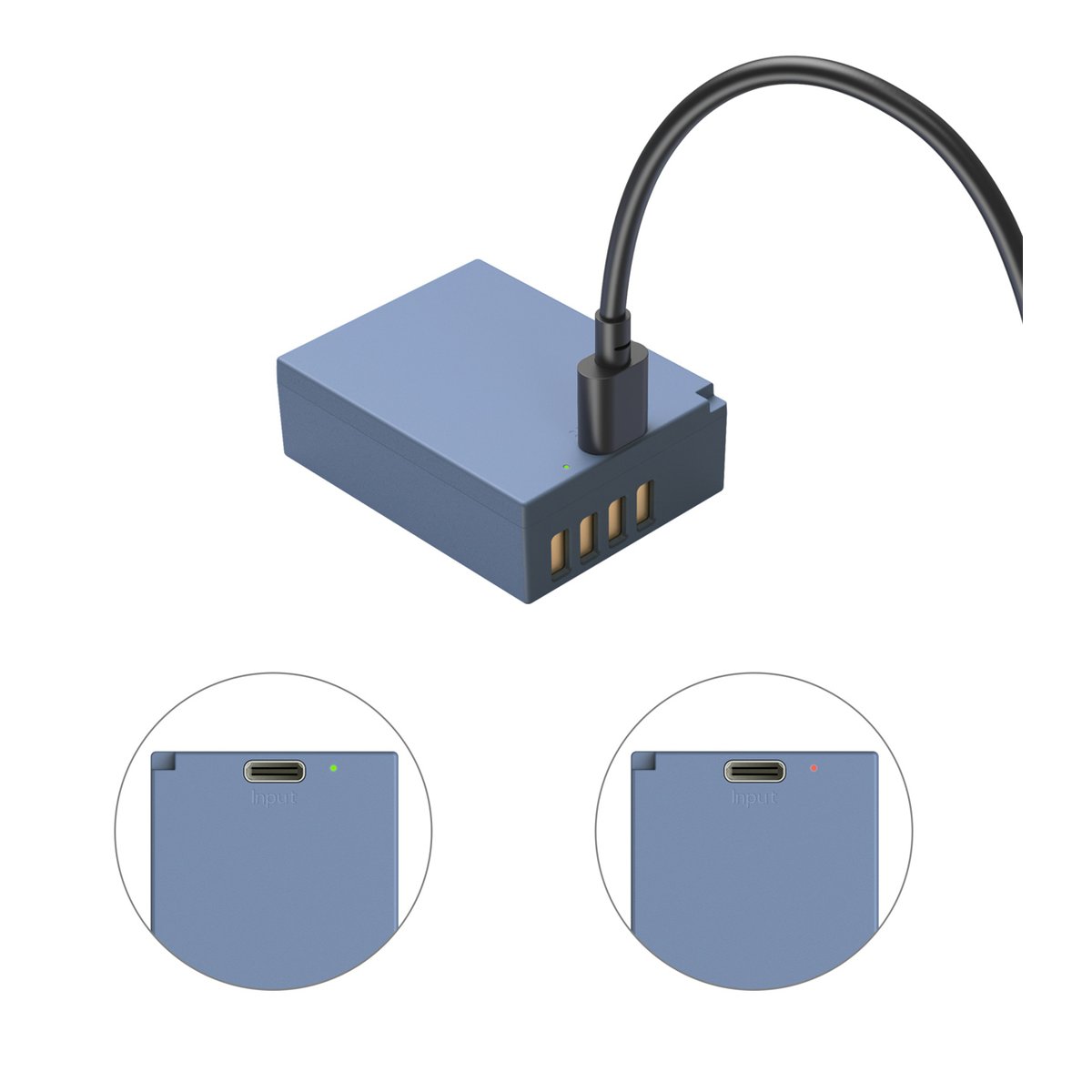 SmallRig 5062 NPW126S USB-C Rechargeable Camera Battery, Li-Ion Akku blau - Anwendungsbeispiel mit Ladekabel und Detailansicht des Input-Ports mit Status-LEDs (grün/rot).