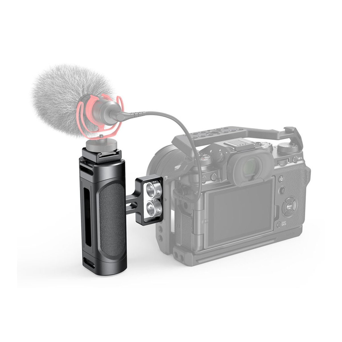 SmallRig 2916 Mini Seitengriff (1/4"-20 Schrauben) - Anwendungsbeispiel mit seitlichem Griff, Mikrofon und LED-Licht an einer Kamera montiert