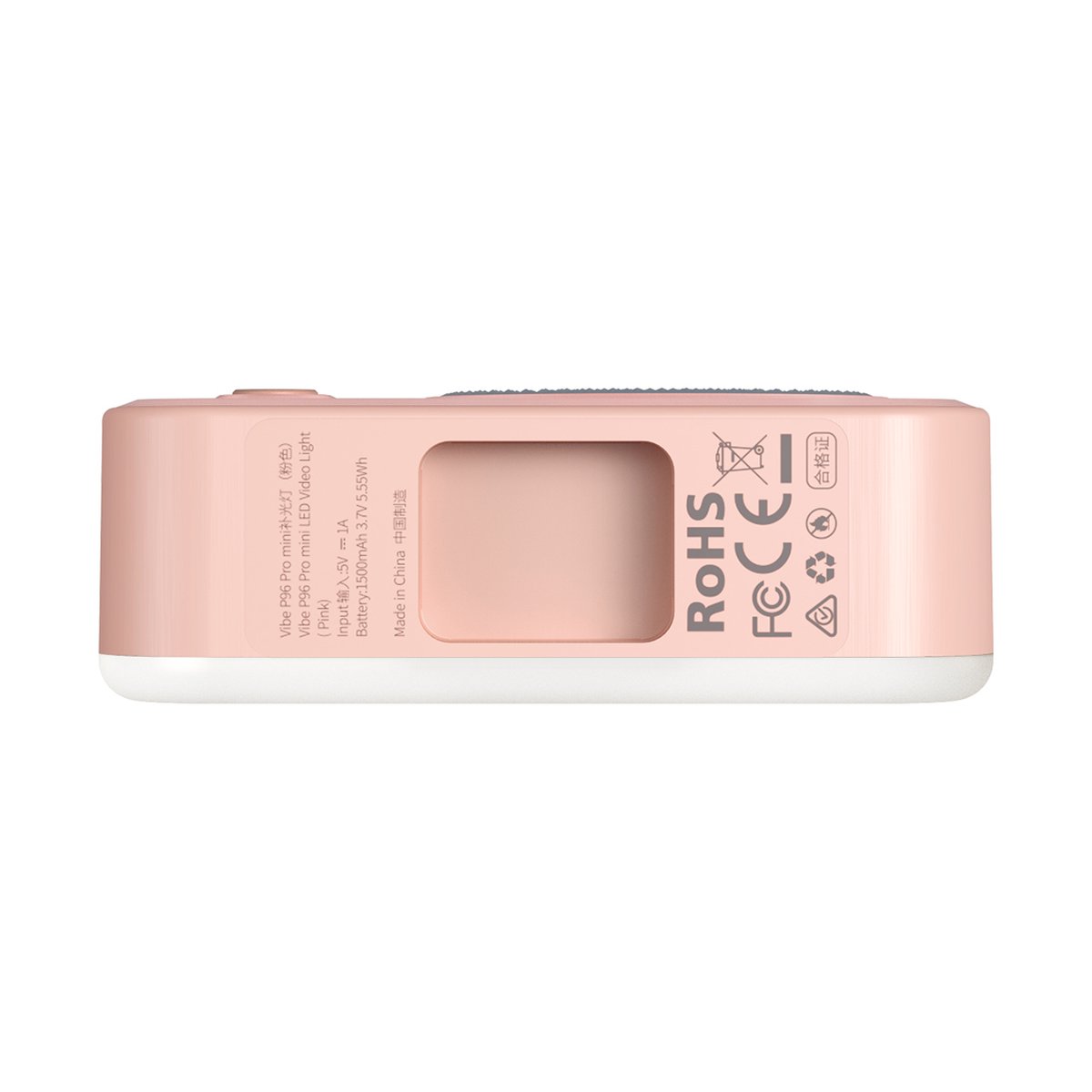 SmallRig 4786 Vibe P96 Pro Mini Pink LED-Videolicht - Unterseite des pinkfarbenen Vibe P96 Pro mini LED Videolichts mit techn. Daten u. Zertifizierungen.