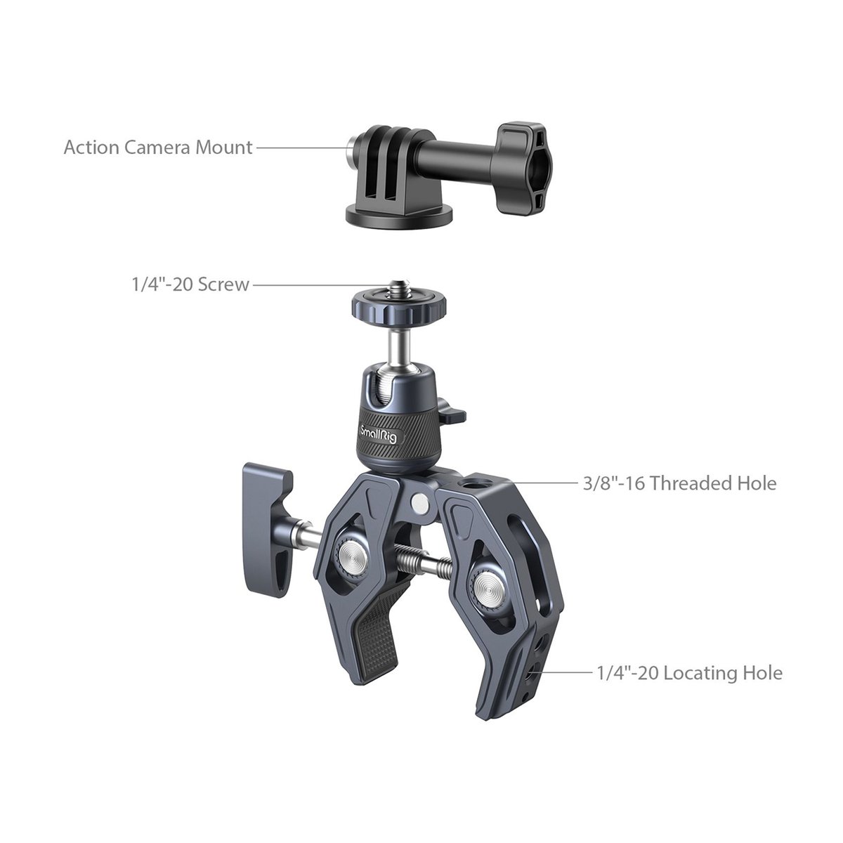 SmallRig 4102B Super Clamp mit 360° Kugelkopfhalterung für Action-Kameras - Lieferumfang: Kamera-Klemmsystem mit beschrifteten Komponenten und Zubehör.