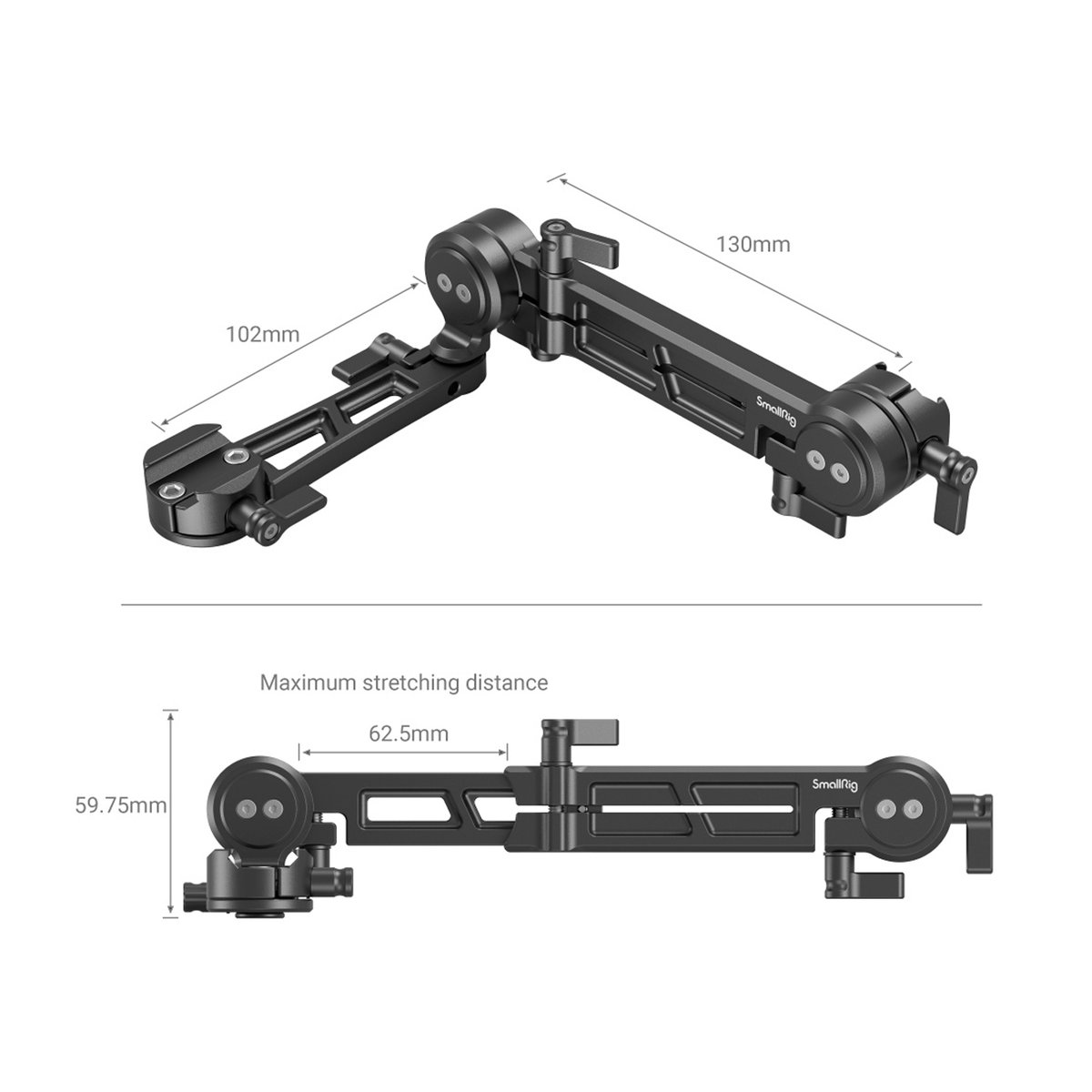 SmallRig 3507 Verstellbare EVF-Halterung mit NATO-Klemme - Maße des SmallRig Gelenkarms, geklappt und maximal ausgezogen SmallRig 3507 Verstellbare EVF-Halterung mit NATO-Klemme - Maße des SmallRig Gelenkarms, geklappt und maximal ausgezogen