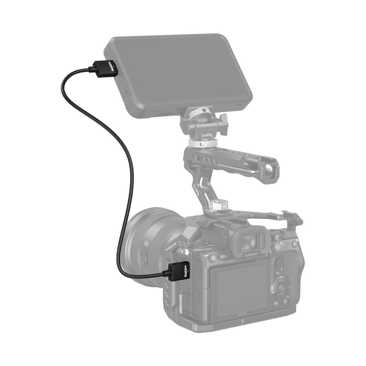 SmallRig 2957B Ultra Slim 4K HDMI 2.0 Kabel 55 cm (Typ A zu Typ A) - Anwendungsbeispiel: HDMI-Kabel verbindet Kamera mit externem Monitor.