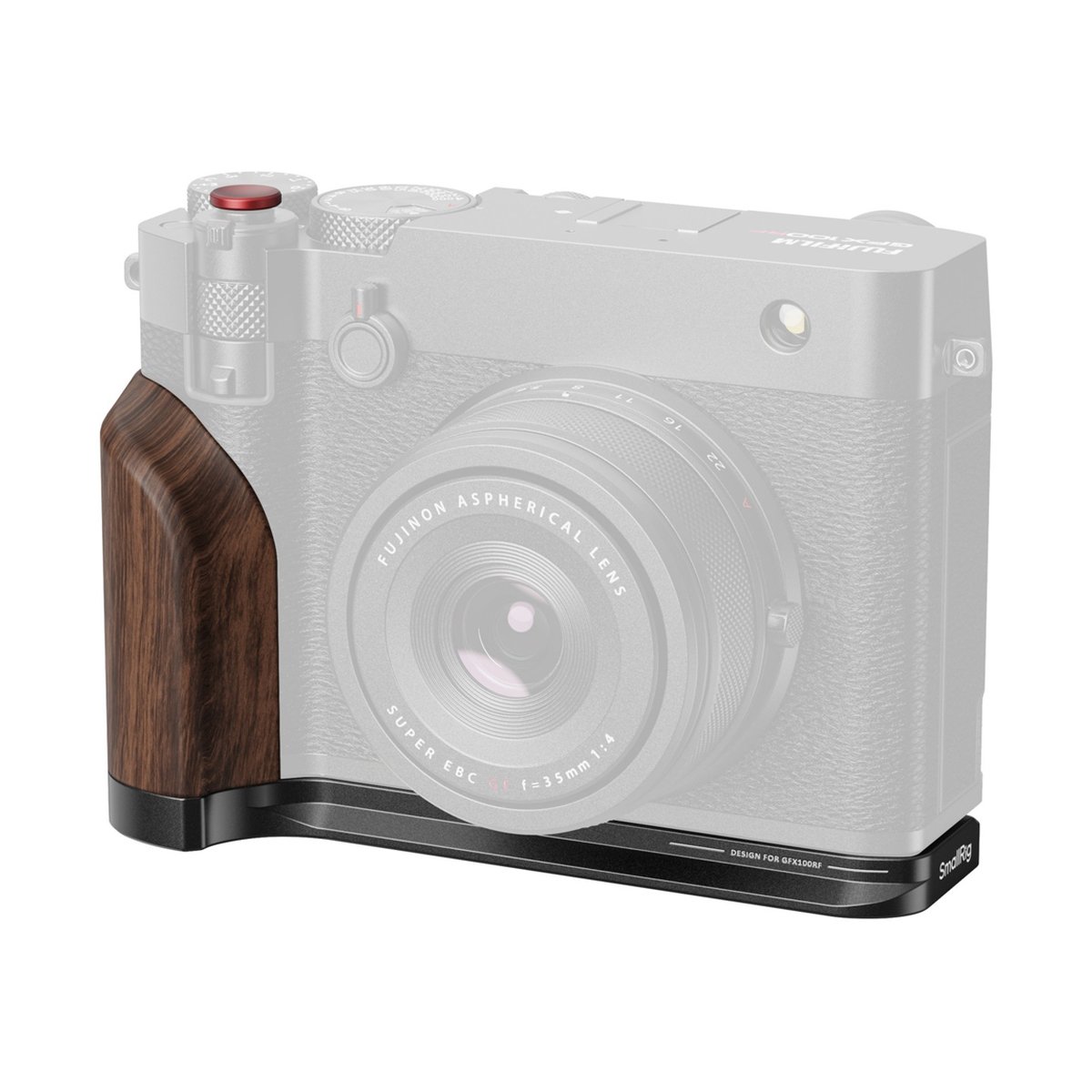 SmallRig 5266 L-Shape Mount Plate with Wooden Handle f. Fujifilm GFX100RF blk. - Frontansicht einer Kamera mit braunem Holzgriff und schwarzer Bodenplatte von SmallRig.