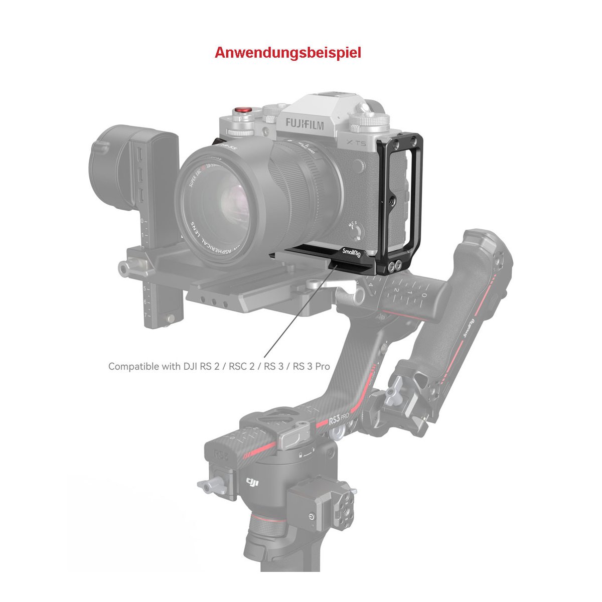 SmallRig 4137 L-Bracket f. Fujifilm X-T5 - Anwendungsbeispiel: Fujifilm Kamera mit SmallRig Käfig auf DJI RS 3 Pro Gimbal.