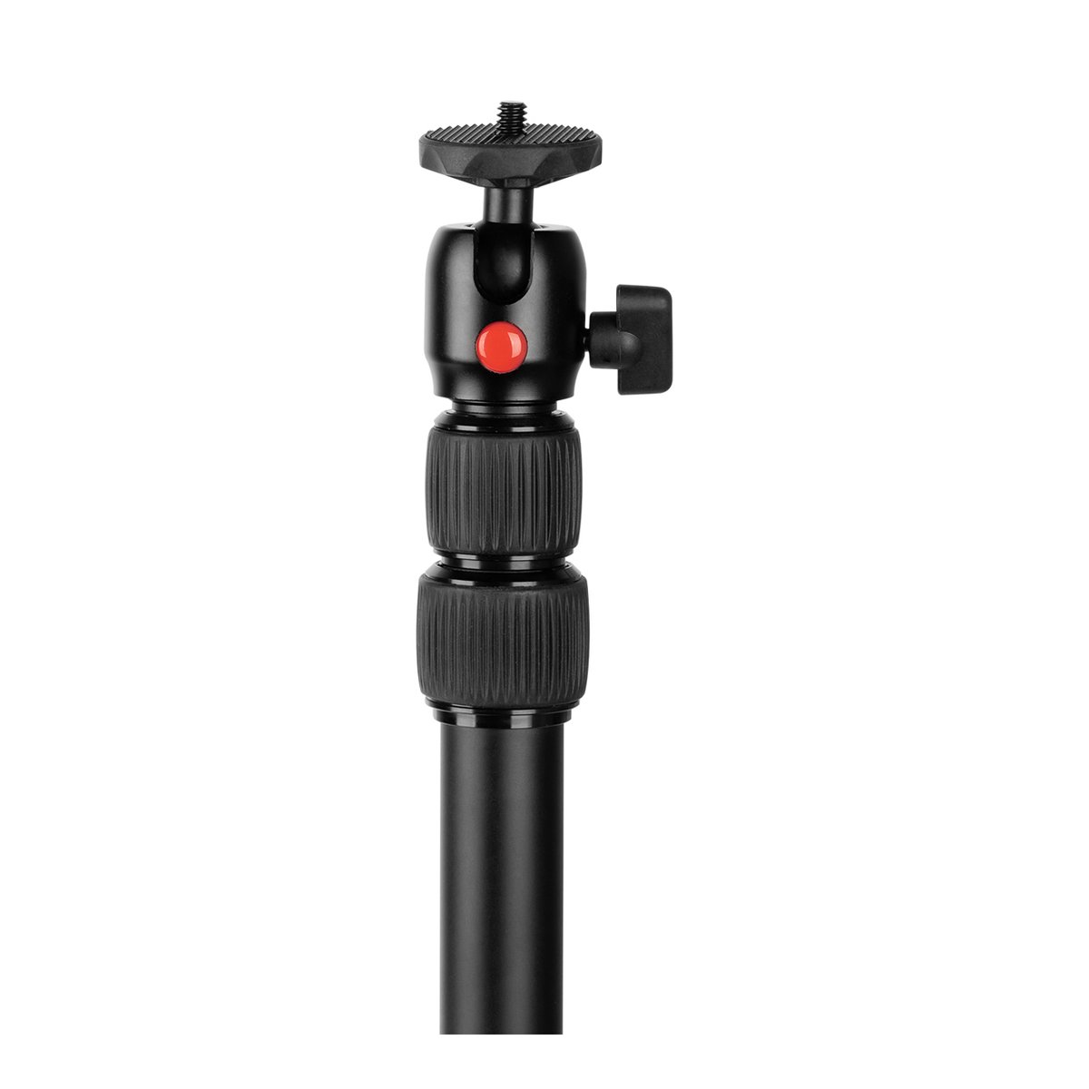SmallRig3992 Encore DT-30 Tischhalterung mit Haltearm - DETAILANSICHT STATIVKOPF MIT KUGELGELENK, ROTEM VERRIEGELUNGSKNOPF UND TELESKOPSTANGE