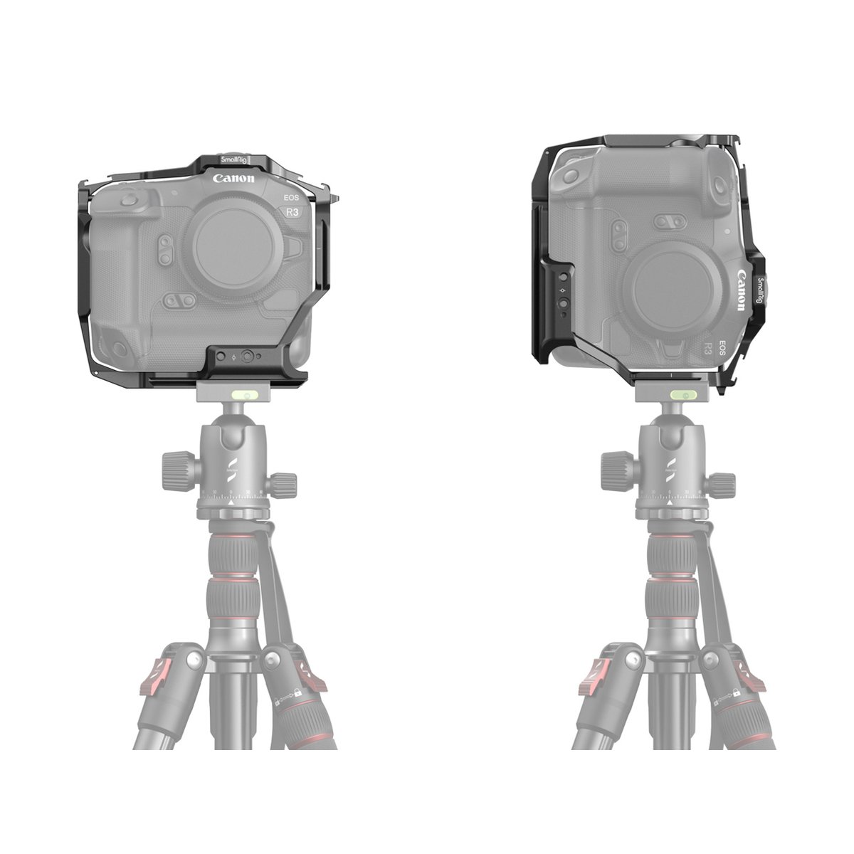 SmallRig 3884 Cage für Canon EOS R3 - SmallRig Kamera-Cage an Canon EOS R3 auf Stativ: Front- und Seitenansicht SmallRig 3884 Cage für Canon EOS R3 - SmallRig Kamera-Cage an Canon EOS R3 auf Stativ: Front- und Seitenansicht