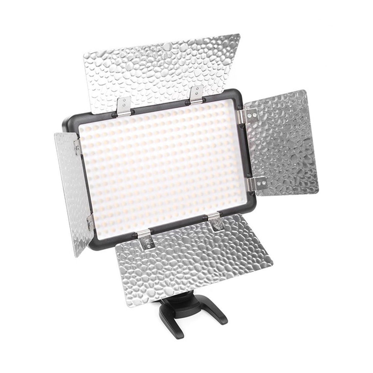 Godox Led 308W II - Frontansicht einer eingeschalteten LED-Videoleuchte mit offenen Lichtklappen