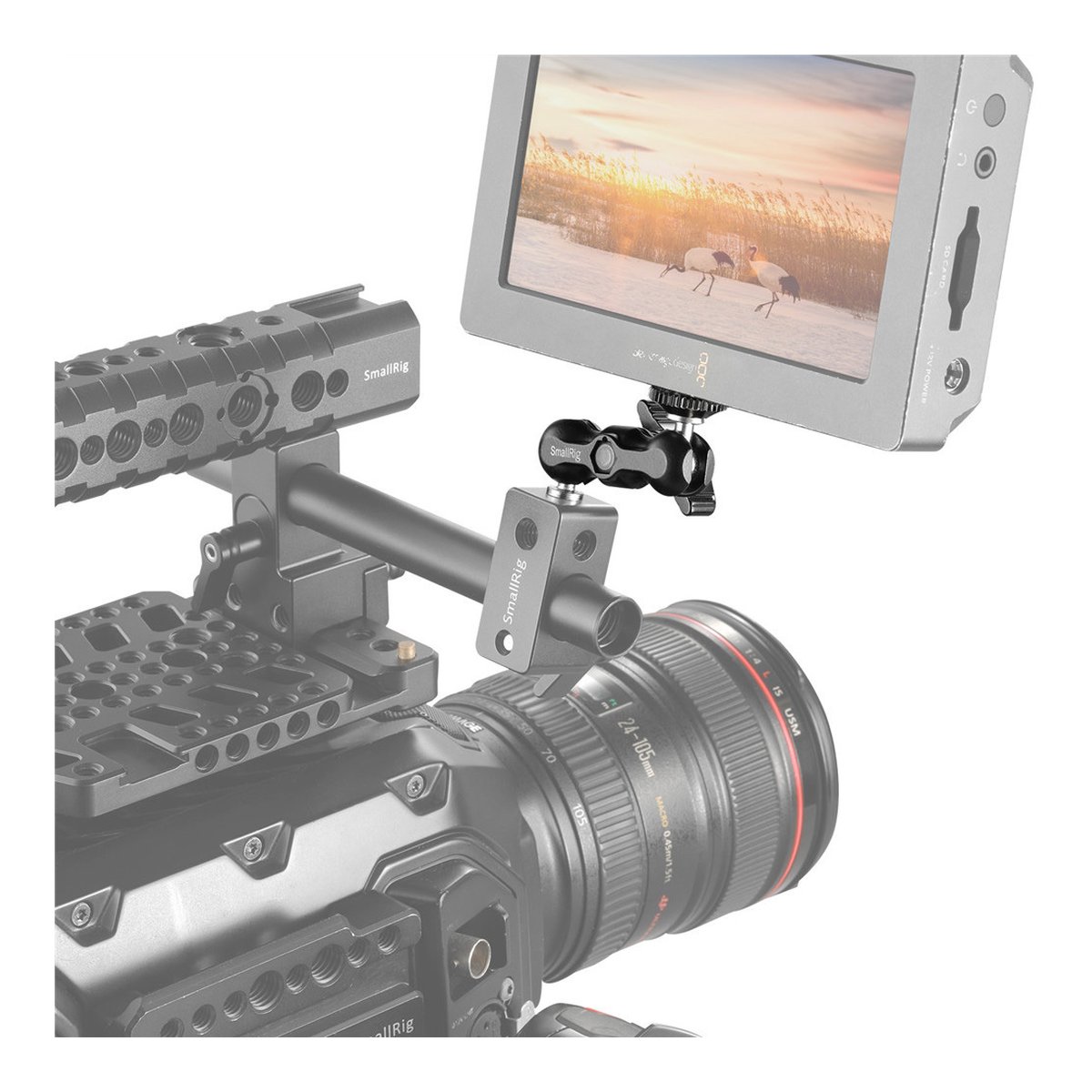SmallRig 2158 Magic Arms mit Ballheads (2er-Pack) - Detailansicht: Monitorbefestigung am Kamera-Rig mit SmallRig Magic Arm