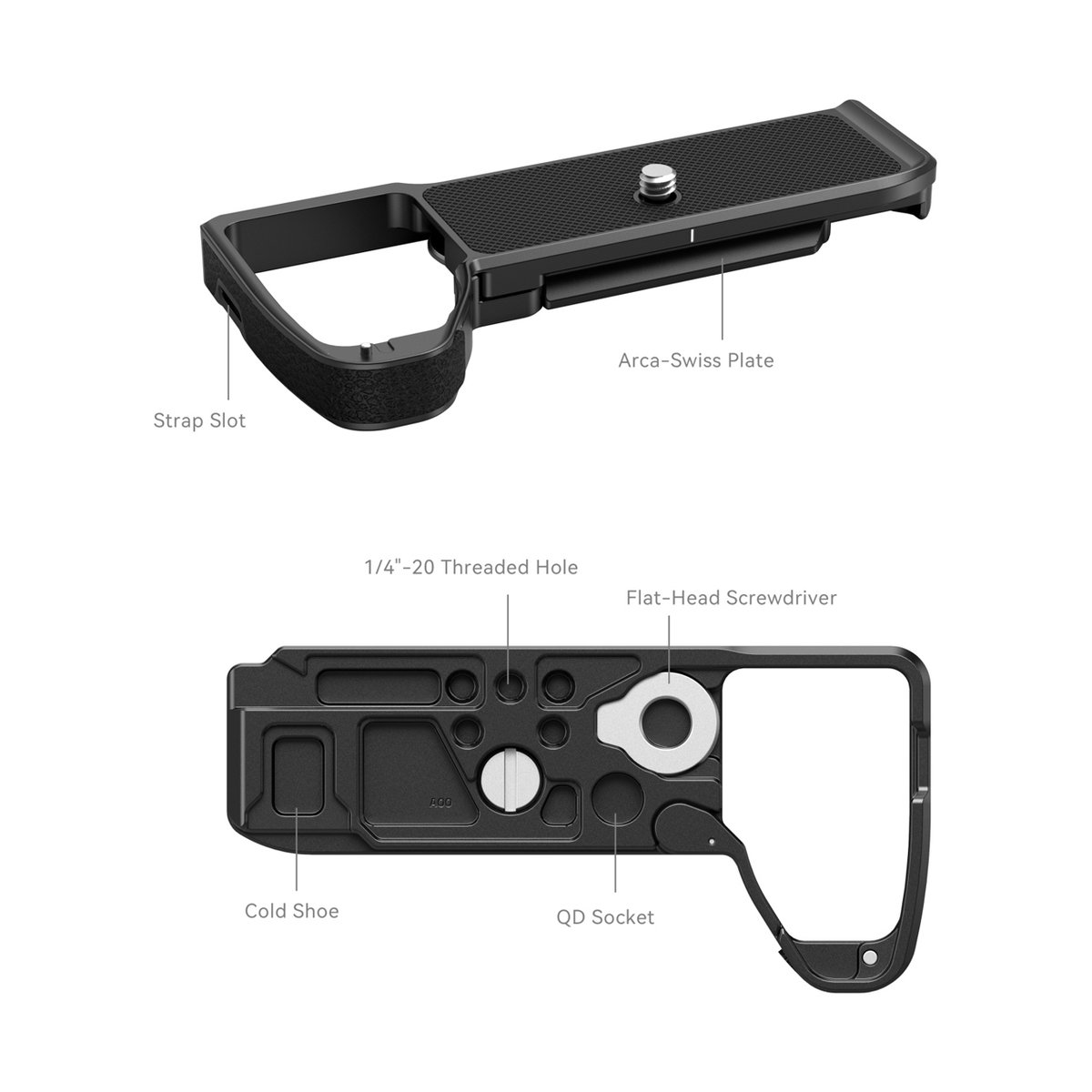 SmallRig 3666B Grundplatte für Sony Alpha 7R V+Alpha 7 IV - Funktionsübersicht der Kamera-Bodenplatte mit beschrifteten Details. SmallRig 3666B Grundplatte für Sony Alpha 7R V+Alpha 7 IV - Funktionsübersicht der Kamera-Bodenplatte mit beschrifteten Details.