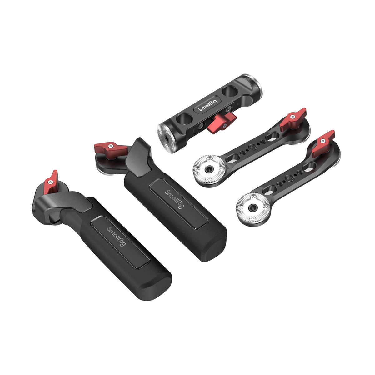 SmallRig 2002 Griffkit für Schulterrig 2 gummierte Griffe + 15mm-Rodaufnahme - Lieferumfang: Diverse schwarze SmallRig Kamera-Rigging-Teile mit roten Hebeln.