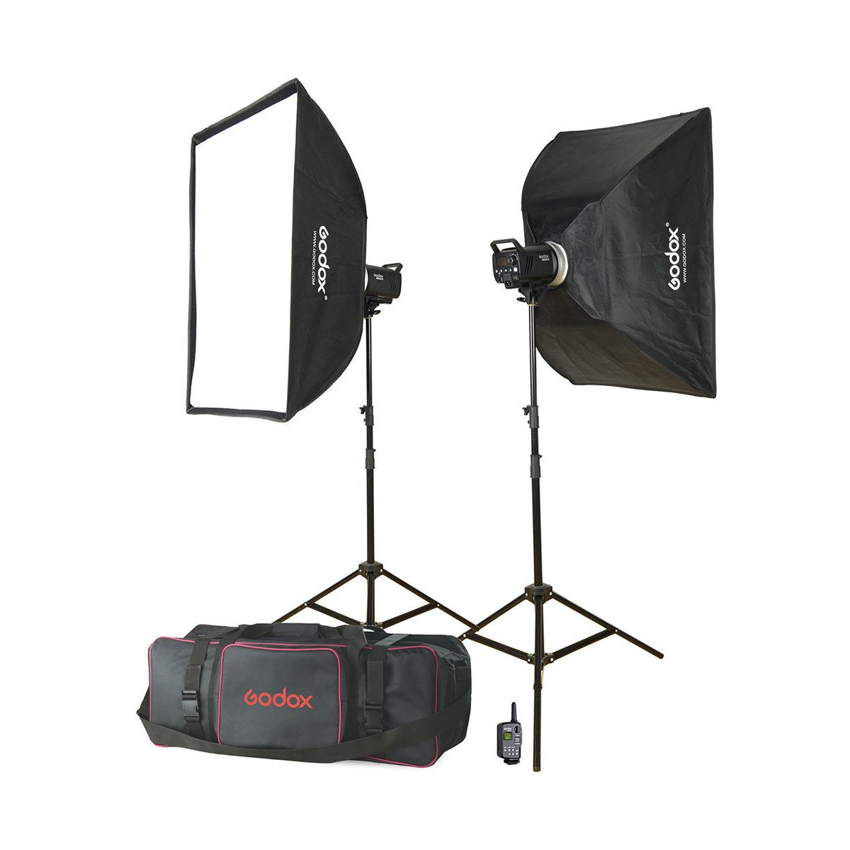 Godox MS300-F Set - Lieferumfang des Godox Fotolicht-Kits mit zwei Softboxen auf Stativen, Transporttasche und Trigger