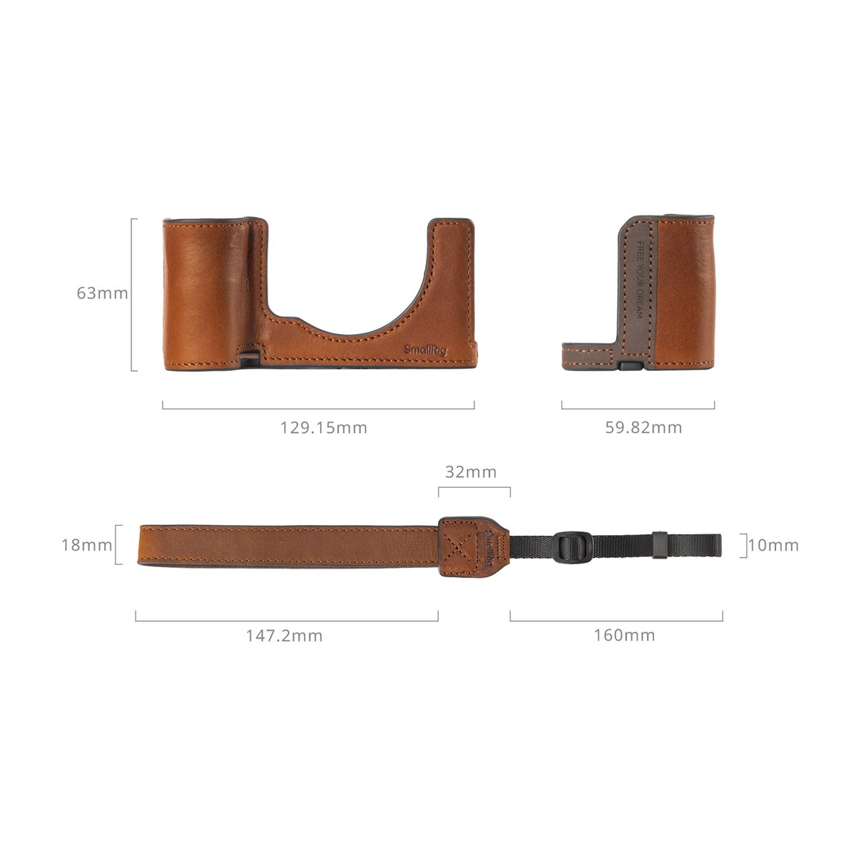 SmallRig 5015 Camera Leather Case Kit für Sony Alpha 7C II / Alpha 7CR - Maße der Leder-Kamerahülle und Handschlaufe