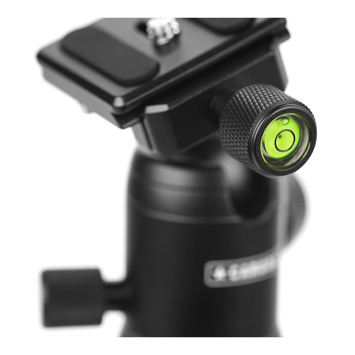 Caruba Travelstar 143 Carbon-Stativ - Detailansicht Wasserwaage am Stativkopf Caruba Travelstar 143 Carbon-Stativ - Detailansicht Wasserwaage am Stativkopf