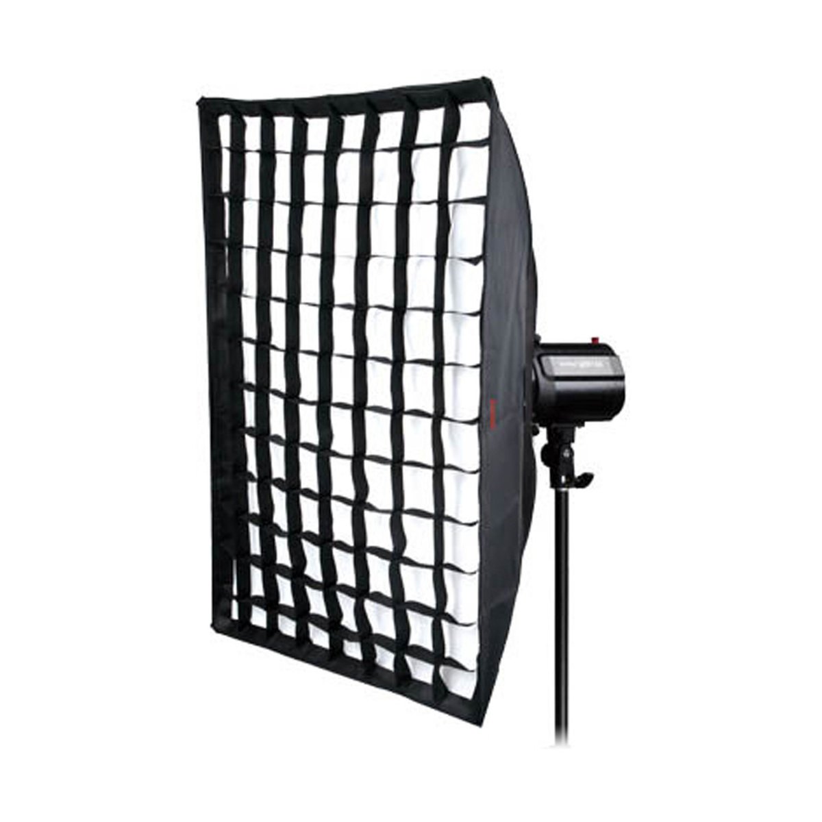 Godox QS300II High Performance Kit - Studio-Softbox mit Wabenfilter und Blitzgerät auf Stativ, Frontansicht.