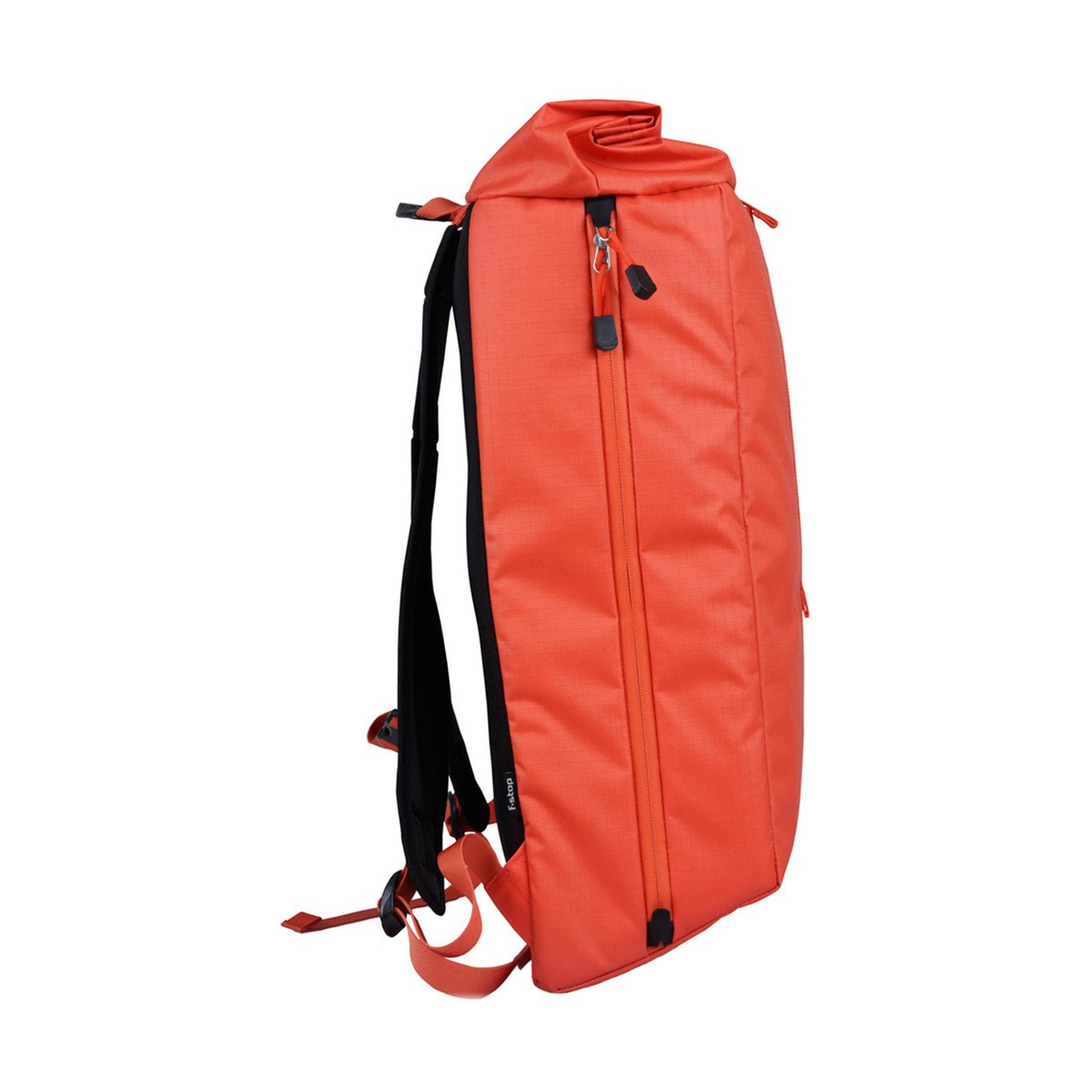F-Stop Dalston Nasturtium (Orange) - Seitenansicht eines orangefarbenen Rucksacks mit Rollverschluss und vertikalem Reißverschluss.