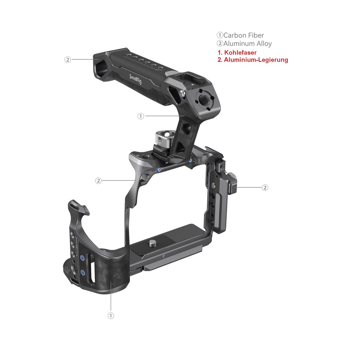 SmallRig 3708 Rhinoceros Basic Cage Kit für Sony Alpha 7R V/IV/7S III - Detailansicht Materialien des Kamerakäfigs: Kohlefaser (1) und Aluminiumlegierung (2). SmallRig 3708 Rhinoceros Basic Cage Kit für Sony Alpha 7R V/IV/7S III - Detailansicht Materialien des Kamerakäfigs: Kohlefaser (1) und Aluminiumlegierung (2).