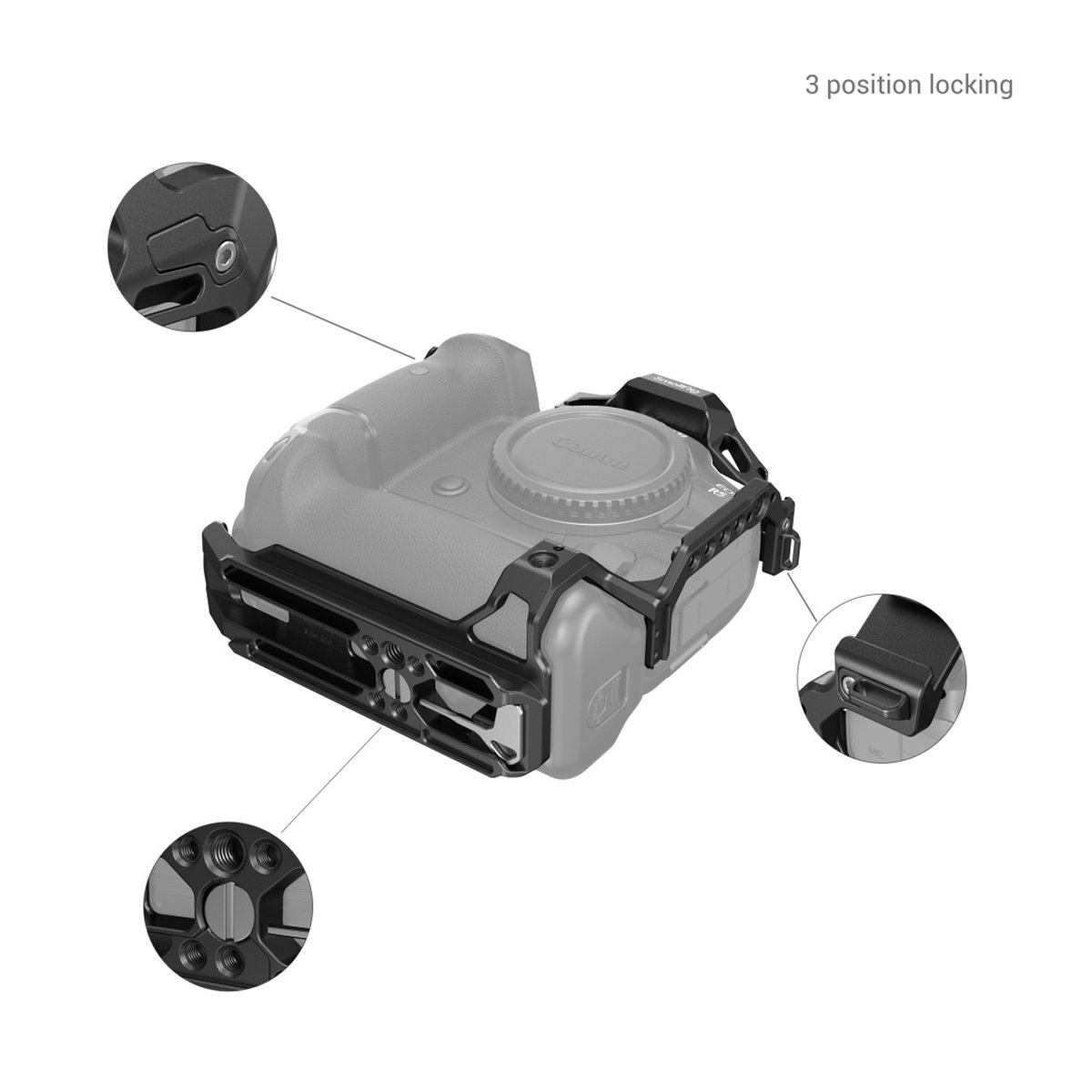 SmallRig 3464B Cage für Canon EOS R5/R6/R5C/R6 Mark II mit BG-R10 - Kamera-Cage an Kamera mit hervorgehobenen Details: 3-Punkt-Verriegelung und Montageoptionen. SmallRig 3464B Cage für Canon EOS R5/R6/R5C/R6 Mark II mit BG-R10 - Kamera-Cage an Kamera mit hervorgehobenen Details: 3-Punkt-Verriegelung und Montageoptionen.
