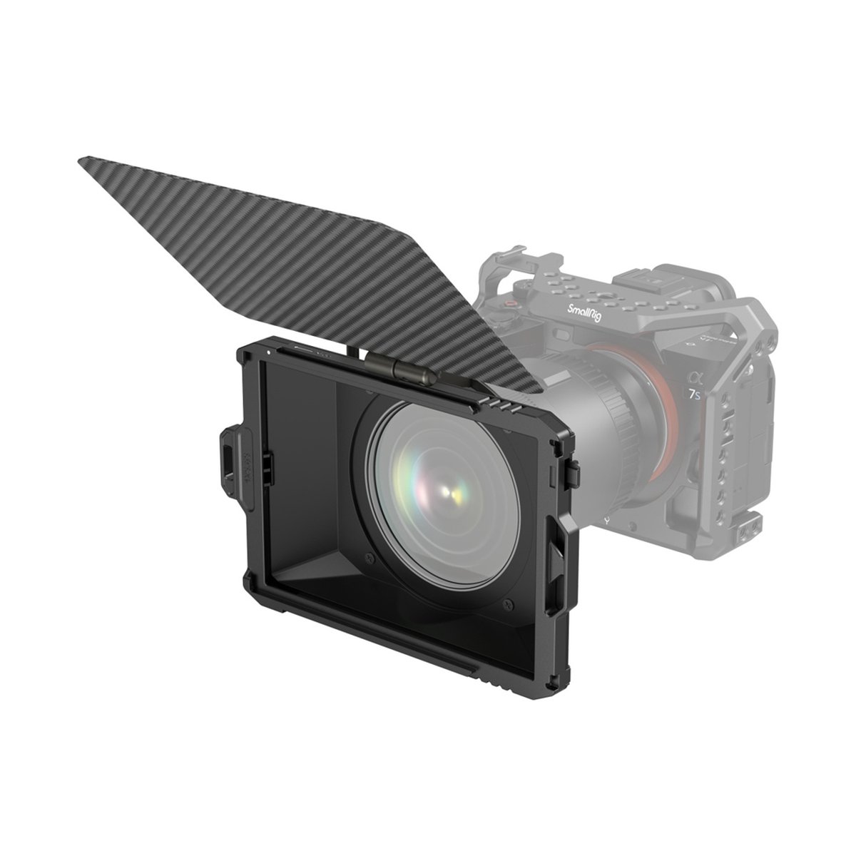 SmallRig 3575 Mini Matte Box Lite Filterhalter/Gegenlichtblende - Anwendungsbeispiel: Matte Box mit geöffneter Oberklappe am Kameraobjektiv.