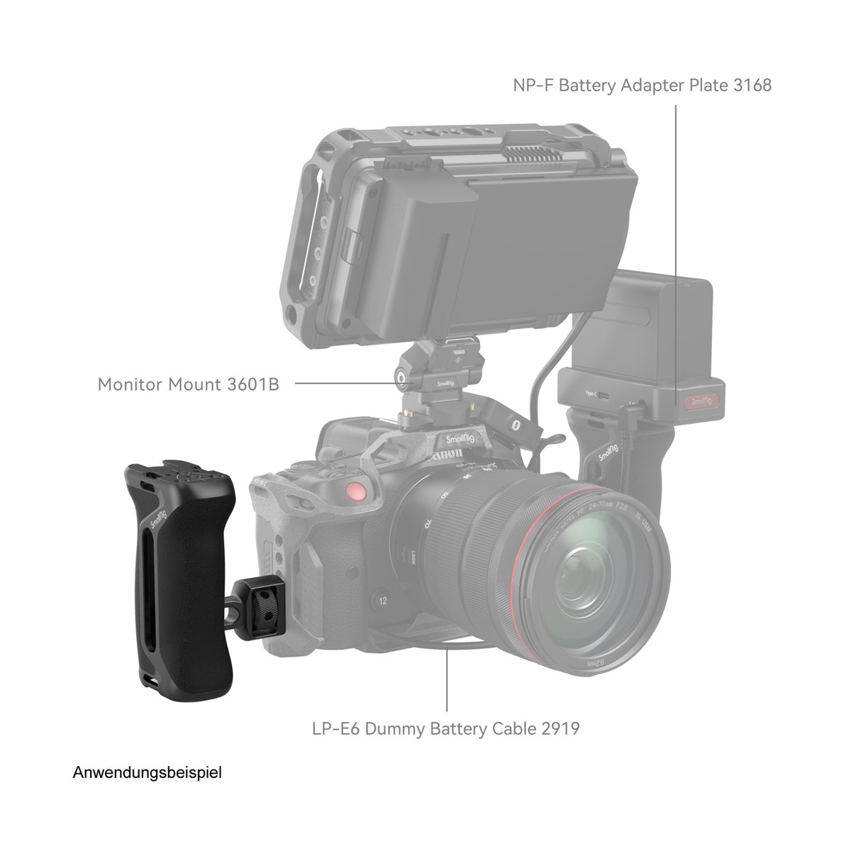 SmallRig 4346 Seitenhandgriff mit Two-in One Lokalisierungsschraube - Anwendungsbeispiel: Kamera-Rig mit Griff, Monitorhalterung und Batterieadapter