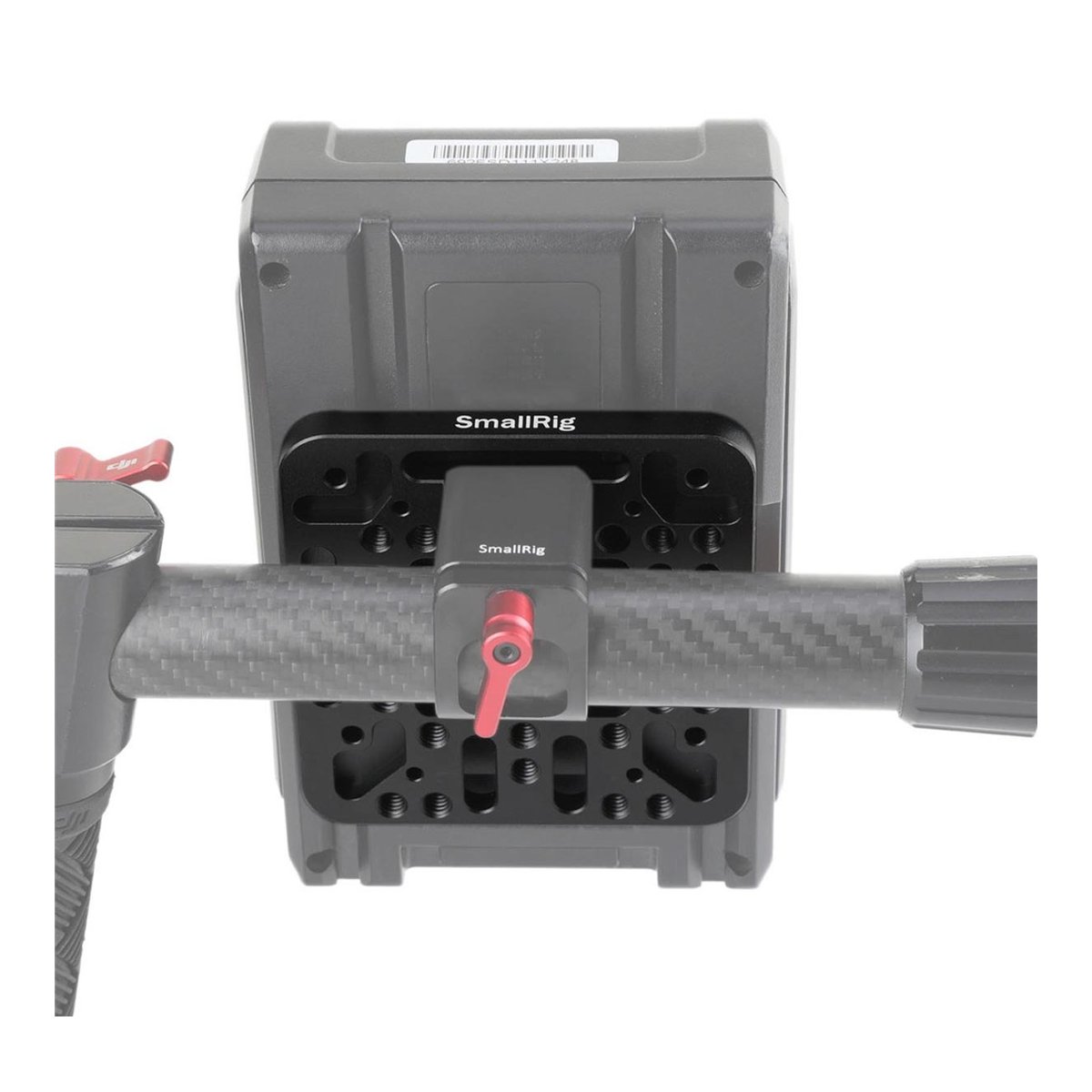 SmallRig 1846C V-Lock Assembly-Kit Quick Release-Set (V-Mount) - Anwendungsbeispiel: SmallRig Akkuplatte mit Rod-Klemme und Batterie.