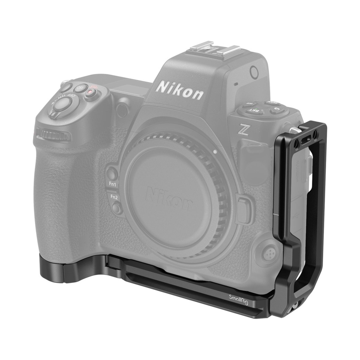 SmallRig 3942 L-Bracket für Nikon Z 8 - Anwendungsbeispiel: SmallRig L-Winkel/Griff montiert an einer Nikon Kamera, Seitenansicht.