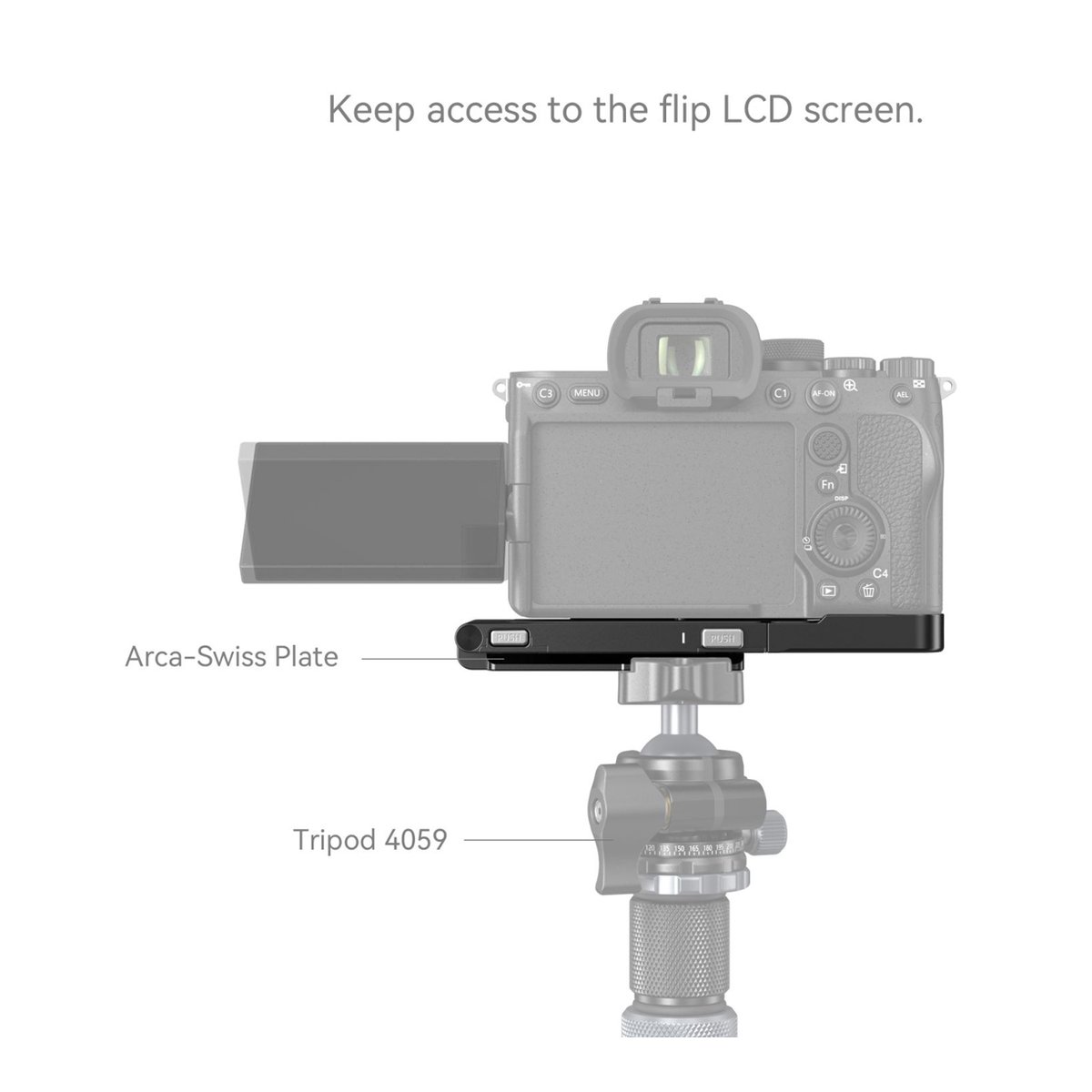 SmallRig 3984 faltbares L-Bracket für Sony A7R V / A7 IV / A7S III - Rückansicht: Kamera mit L-Halterung am Stativ, zeigt freien Zugang zum Klappdisplay.