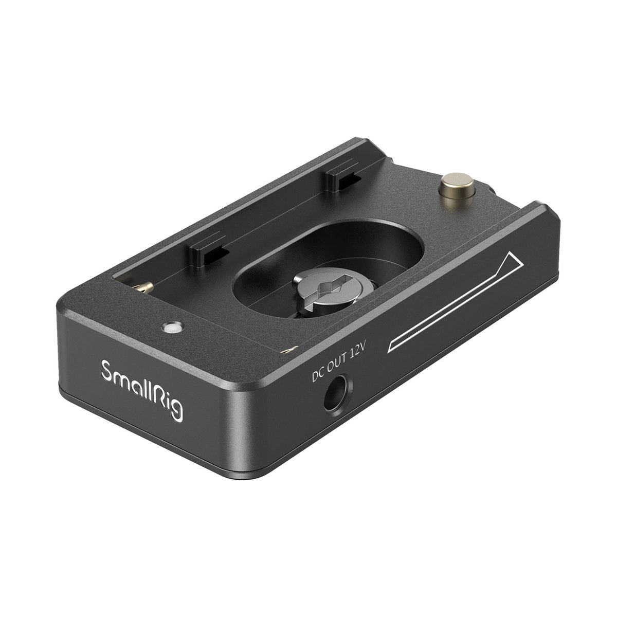 SmallRig 3018 NP-F Batterieadapterplatte - DETAILANSICHT SmallRig Akkuplatte mit 12V DC Ausgang und Befestigungsschraube.