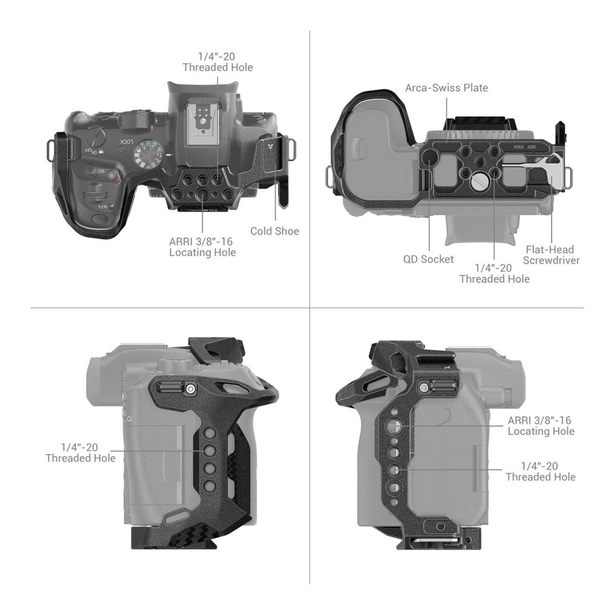 SmallRig 4003B Black Mamba Cage f. Canon EOS R7 - Technische Übersicht des Kamera-Cages: Top-, Boden-, Seitenansichten mit beschrifteten Funktionen. SmallRig 4003B Black Mamba Cage f. Canon EOS R7 - Technische Übersicht des Kamera-Cages: Top-, Boden-, Seitenansichten mit beschrifteten Funktionen.