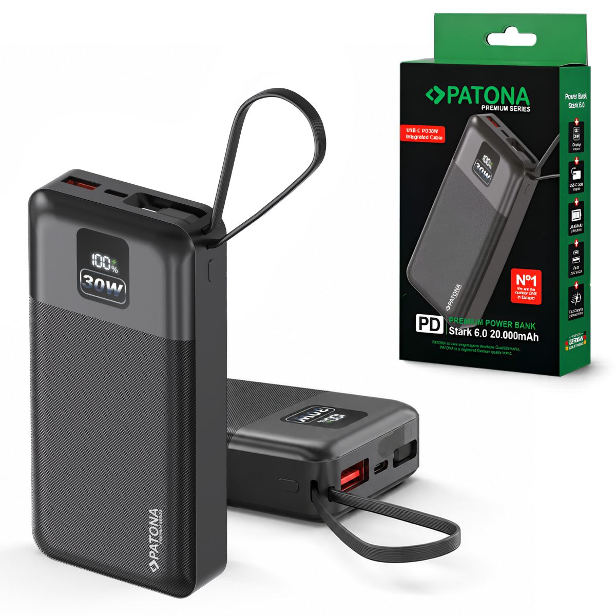 Patona Premium Powerbank Stark 6.0 PD 30 W 20.000 mAh mit integriertem USB-C-Kabel