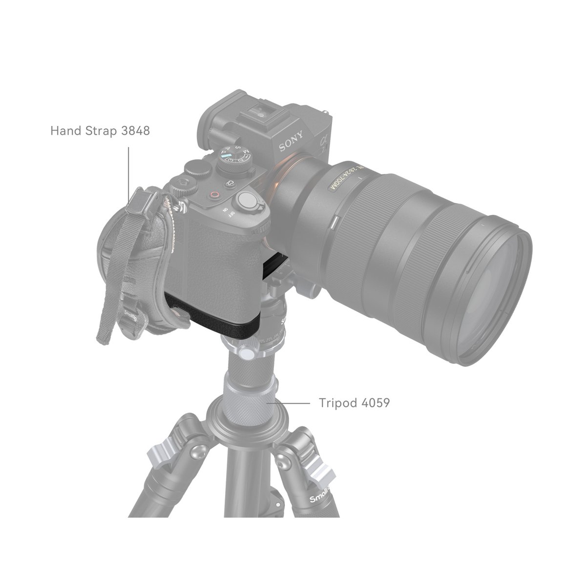 SmallRig 3666B Grundplatte für Sony Alpha 7R V+Alpha 7 IV - Anwendungsbeispiel: Hand Strap 3848 und Tripod 4059 an Kamera montiert SmallRig 3666B Grundplatte für Sony Alpha 7R V+Alpha 7 IV - Anwendungsbeispiel: Hand Strap 3848 und Tripod 4059 an Kamera montiert