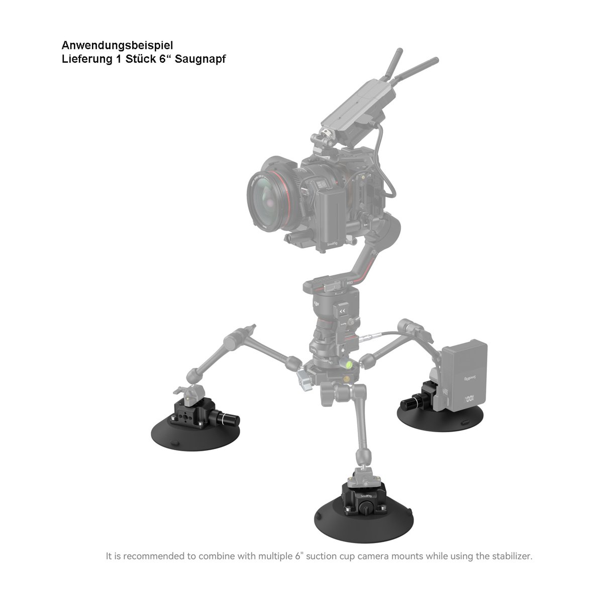 SmallRig 4114 6" Saugnapf- Kamerahalterung - Anwendungsbeispiel: Ein Kamera-Rig ist mit mehreren 6-Zoll-Saugnäpfen befestigt. SmallRig 4114 6" Saugnapf- Kamerahalterung - Anwendungsbeispiel: Ein Kamera-Rig ist mit mehreren 6-Zoll-Saugnäpfen befestigt.