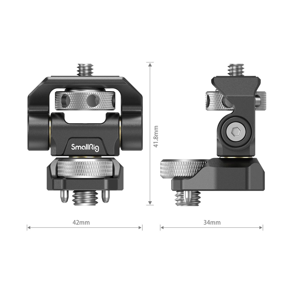 SmallRig 2903B Monitorhaltung mit Arri-Style Montage - SmallRig Gelenkarm: Front- und Seitenansicht mit Bemaßung