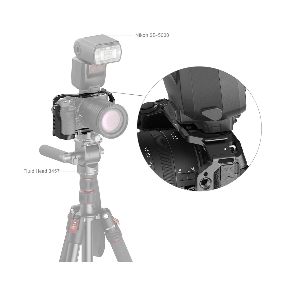SmallRig 3858 Cage für Nikon Z 30 - Anwendungsbeispiel: Kamera-Rig mit montiertem Blitz auf Stativ, Detailansicht Blitzschuh