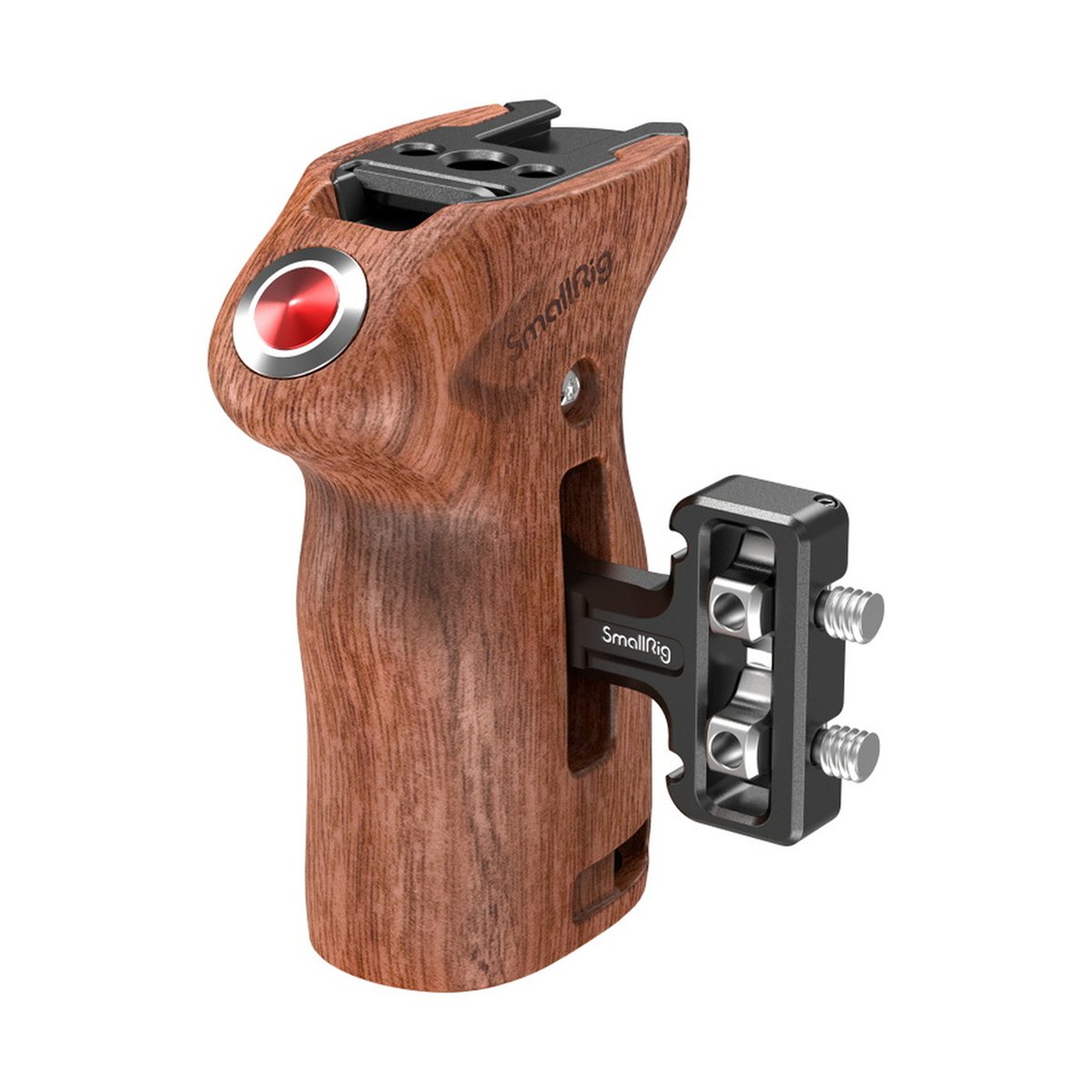 SmallRig 3323 Seiten Handle mit Gewinde und Record Start/Stop Fernauslöser - Detailansicht Holz-Handgriff mit rotem Aufnahme-Knopf und SmallRig-Befestigung