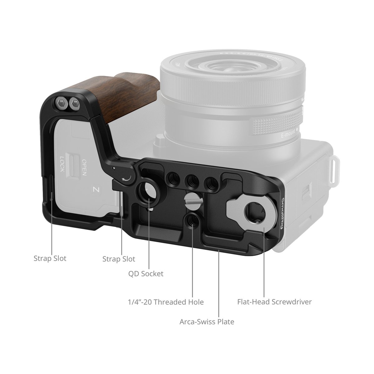 SmallRig 4864 L-förmige Montageplatte m. Holzgriff f. Sony ZV-E10 II - Detailansicht der Kamerakäfig-Boden- und Seitenplatte mit beschrifteten Funktionen.