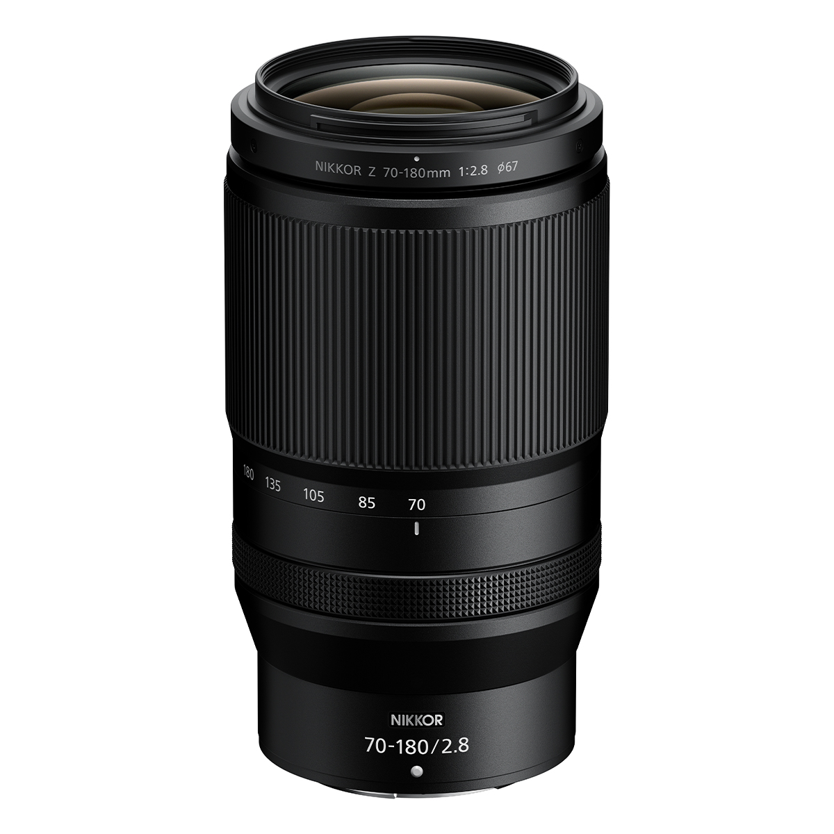 Nikon 70-180 mm 1:2,8 Z Nikkor Objektiv Frontalaufnahme des leicht schräg stehenden Nikon Z 70-180 mm Teleobjektivs