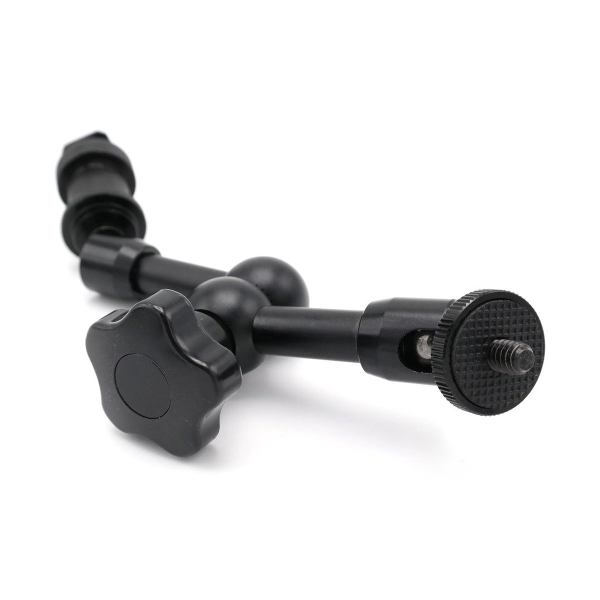 Caruba Magic Arm 7" mit Drehknopf - Seitenansicht des schwarzen, verstellbaren Magic Arms mit Kugelgelenken und Feststellschraube.