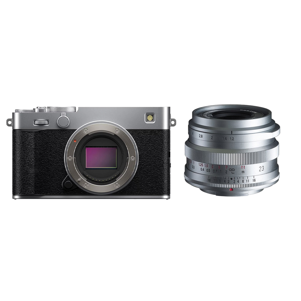 Fujifilm X-E5 Silber mit Voigtländer 23mm 1:1,2 Nokton Silber