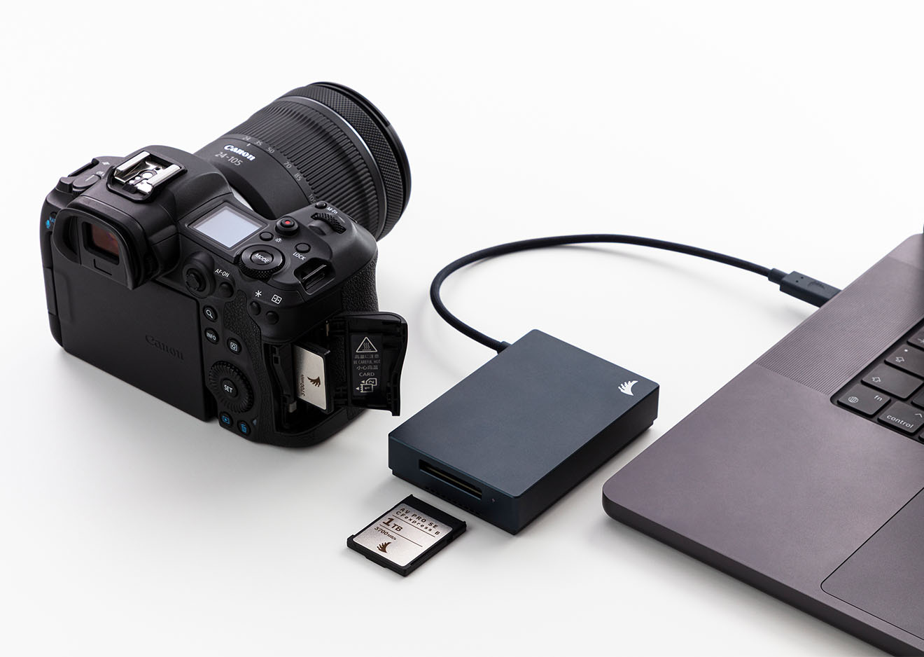 Kamera, MacBook, Angelbird CFexpress Card Reader und USB-C Kabel im Studioeinsatz
