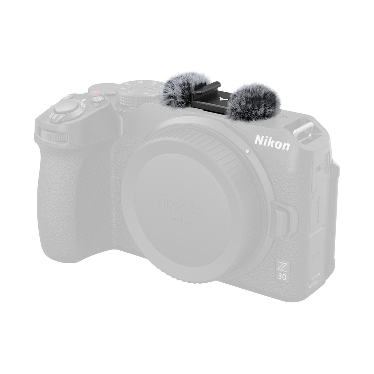 SmallRig 3859 Windschutz mit Cold Shoe Adapter für Nikon Z 30 - Anwendungsbeispiel: Das Zwillingsmikrofon mit Windschutz auf einer Nikon Z 30 Kamera