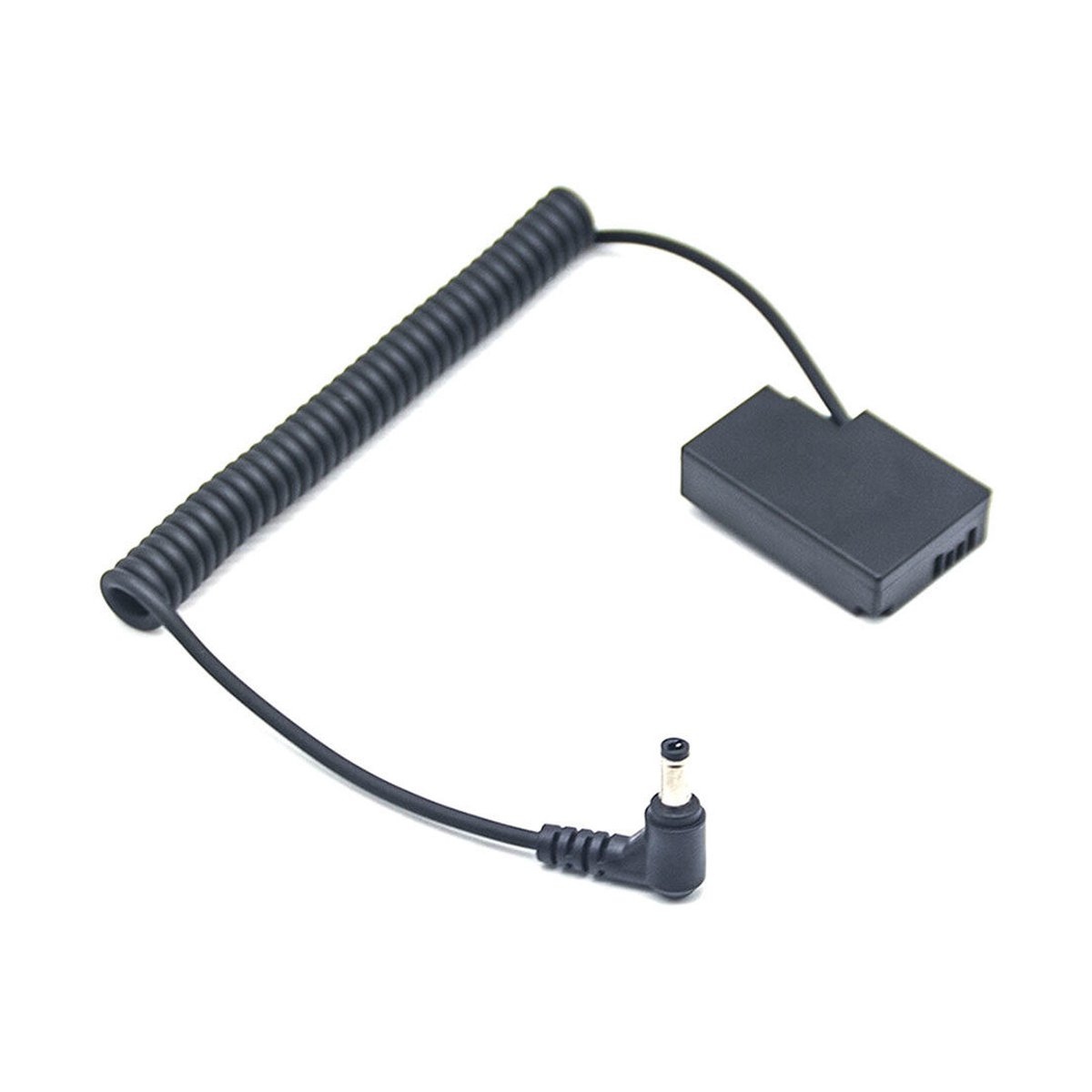 Caruba Canon LP-E17 (DR-E18) Dummy-Akku (Federkabel) - Vollansicht: Schwarzes Stromadapterkabel mit Spiralkabel, DC-Stecker und Kamera-Dummy-Batterie