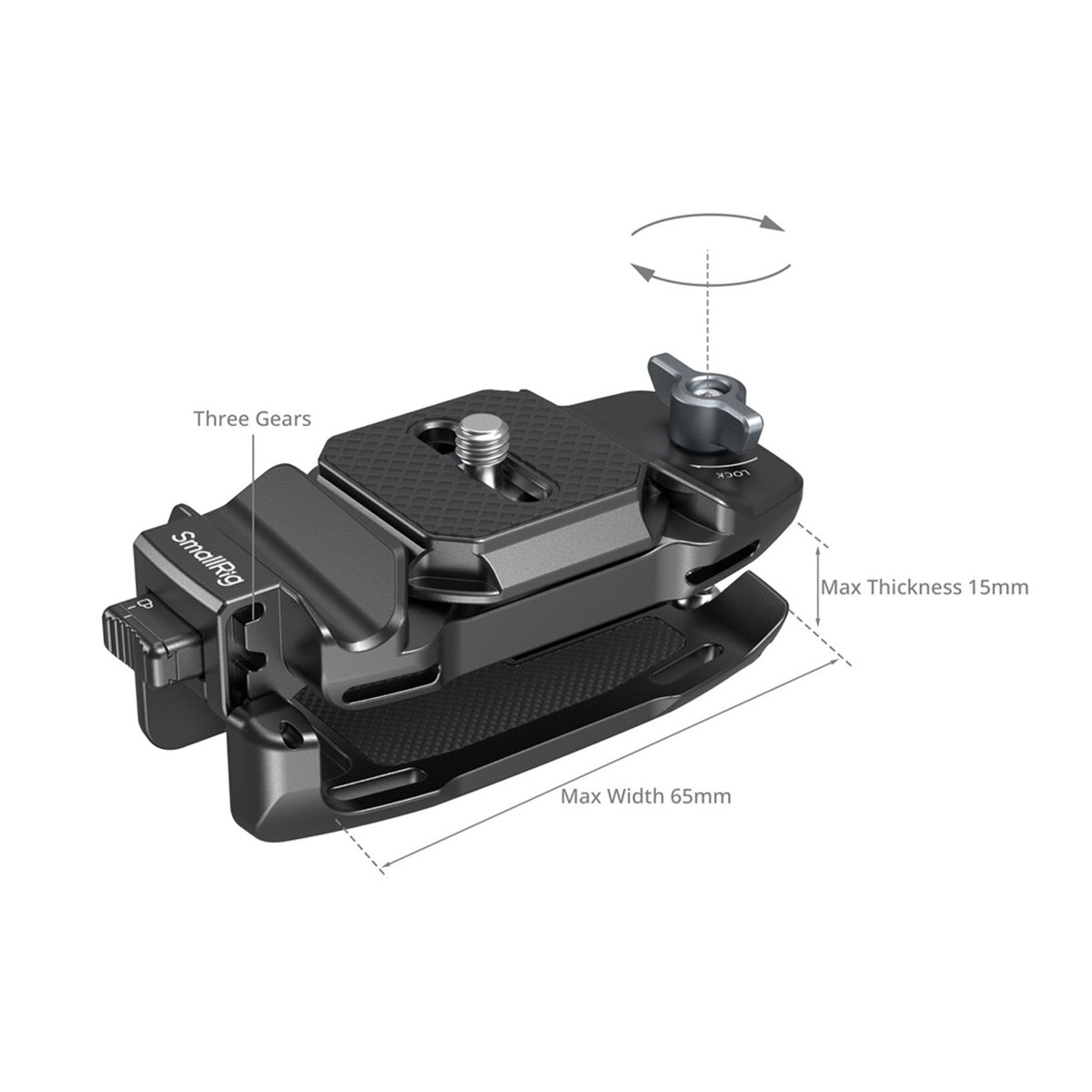 SmallRig 5053 Camera Clip mit QR Mount Plate Kit - Schrägansicht einer SmallRig Schnellspannklemme mit Beschriftungen für drei Gänge und Maßen: max. 65mm Breite, 15mm Dicke
