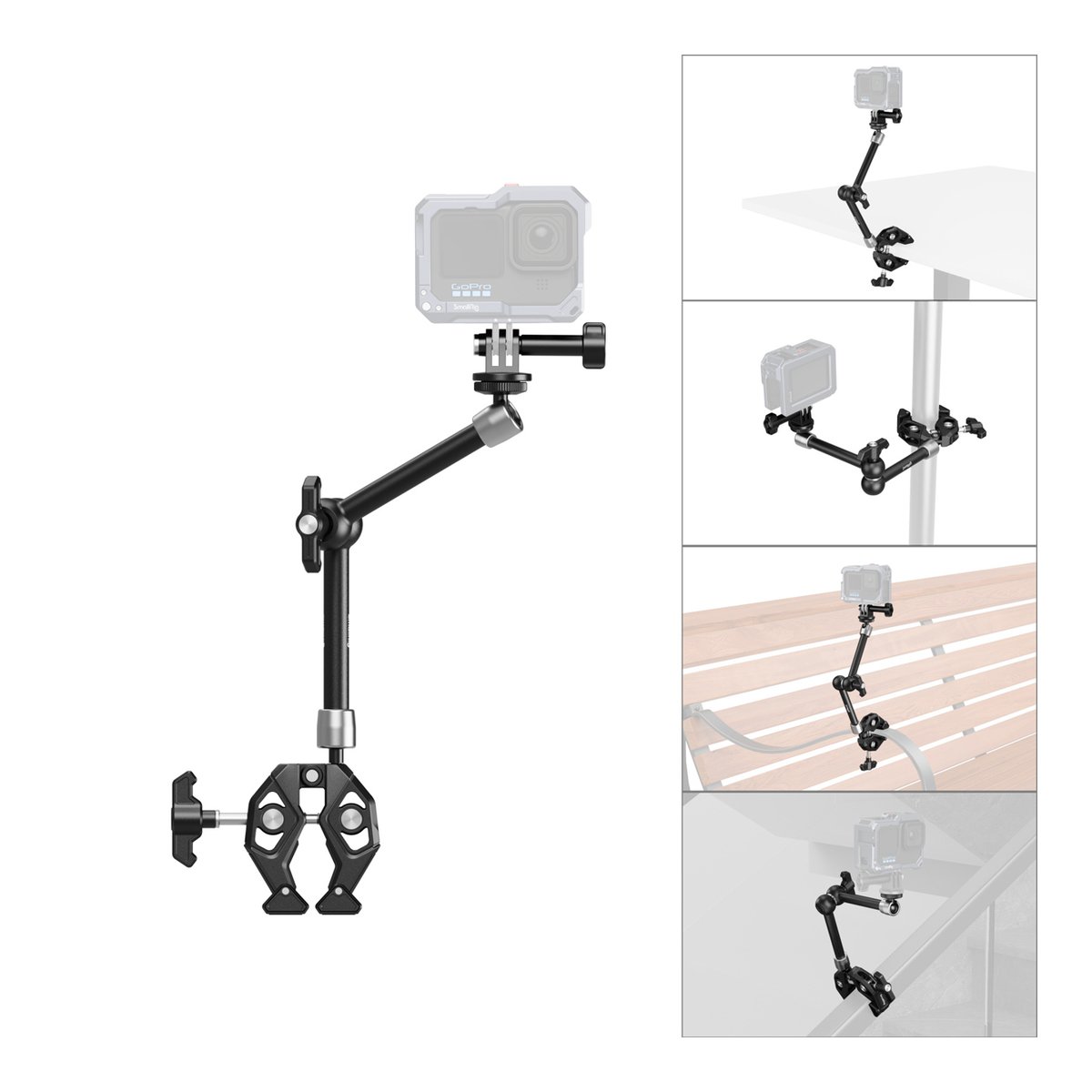 SmallRig 4454 Crap Shaped Clamp with Magic Arm - Gelenkarm mit Super Clamp und Anwendungsbeispiele für Kameras an verschiedenen Oberflächen