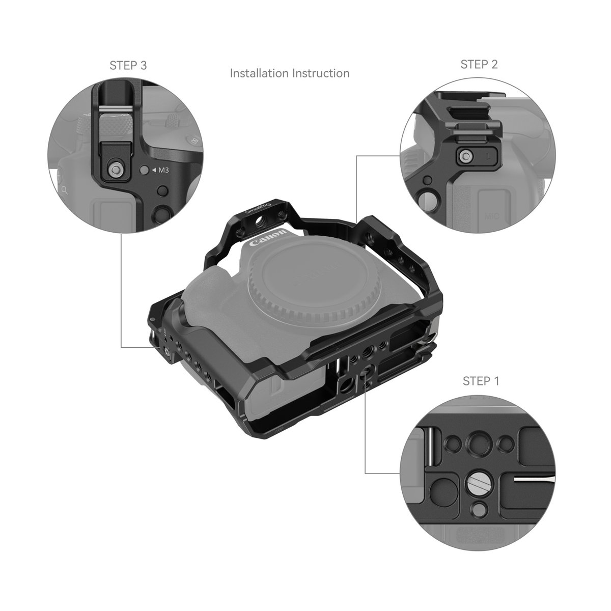 SmallRig 4214 Cage für Canon EOS R50 - Installationsanleitung des Kamera-Cages an der Kamera, mit Detailansichten der 3 Montageschritte.