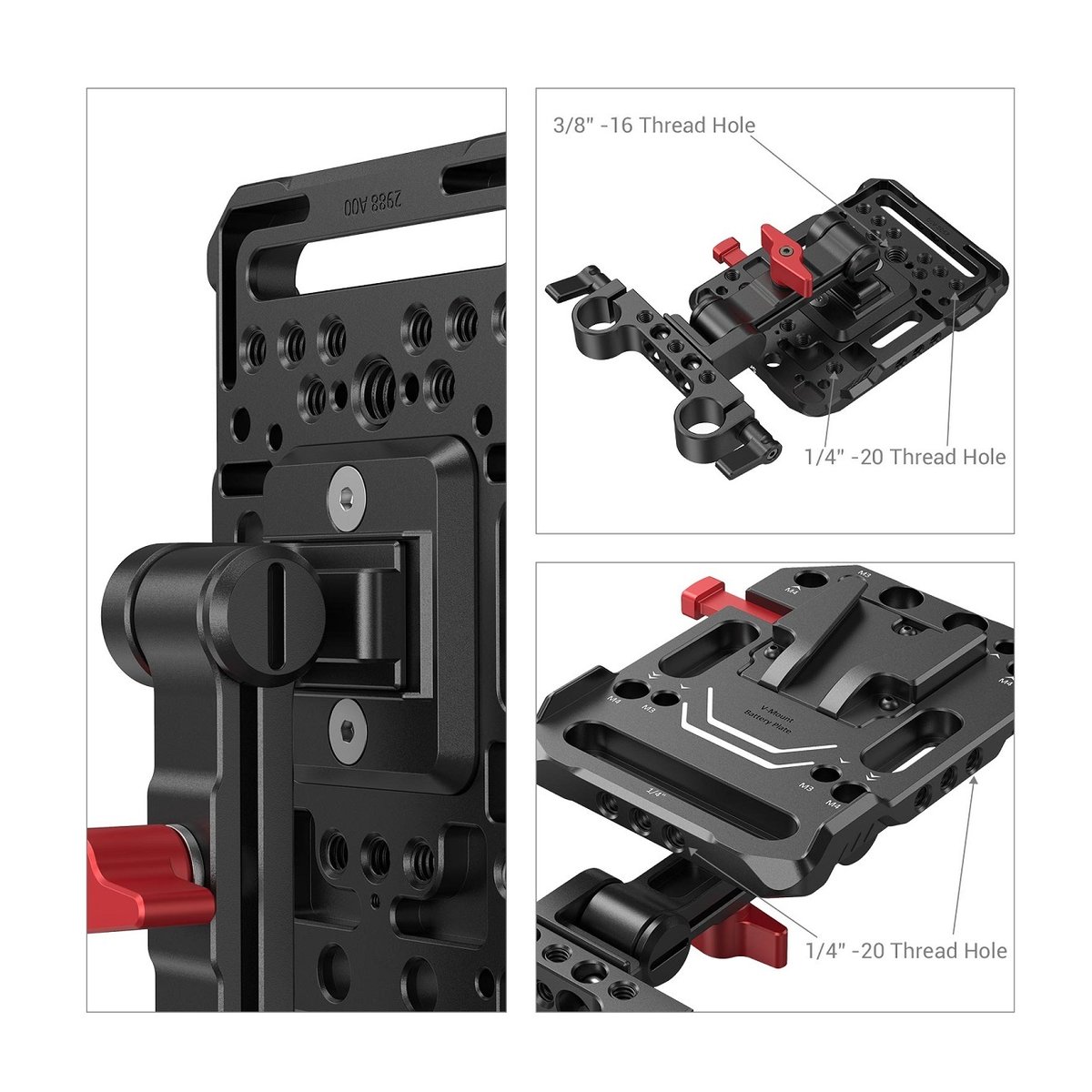 SmallRig 2991 V-Mount-Akku-Adapterplatte mit verstellbarem Arm - Detaillierte Ansicht der Kamerakäfig-Komponenten mit 3/8"-16 und 1/4"-20 Gewindebohrungen und V-Mount-Platte.